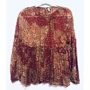 Asos Womens Size 2 Red Oversized Peasant Blouse Floral Ruffle Hem Boho